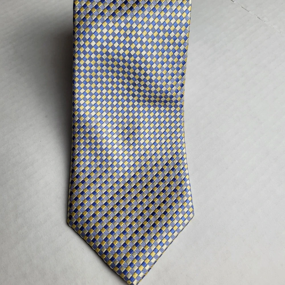 Michael Kors Blue Gold Checkered Silk Necktie Formal Business‎ Accessory